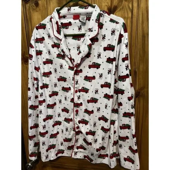 Disney Mickey Mouse Christmas Pajama Set L Red Truck Snowflake Print Fleece PJ‎ - Picture 2 of 9